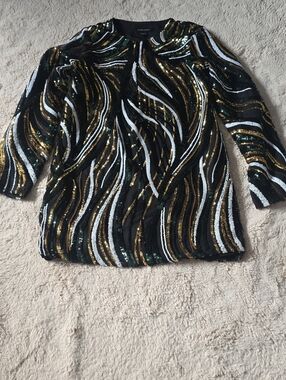 Marciano Black Sequin Wave-Pattern Crew Neck Sweater